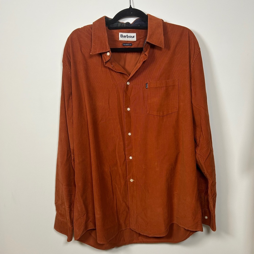 Barbour Tailored Fit Corduroy Button Down Shirt Orange Brown Men's Size XL